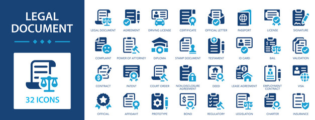 Legal document flat icons collection. Agreement, license, declaration, contract, ID card, permission, grant sign set.