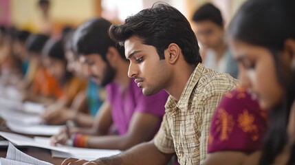 Indian students sitting in rows in an exam hall, concentrating on their papers, with a focus on the seriousness and discipline during examinations.