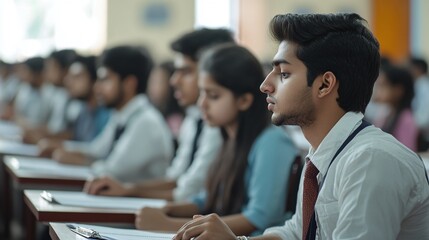 Indian students sitting in rows in an exam hall, concentrating on their papers, with a focus on the seriousness and discipline during examinations.
