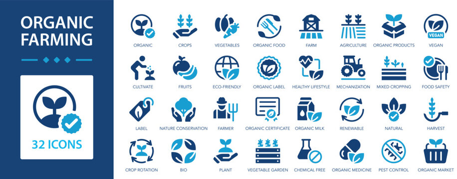 Organic farming flat icons collection. Farm, agricultural field, vegan, natural, agriculture, tractor, bio, farmer sign set.