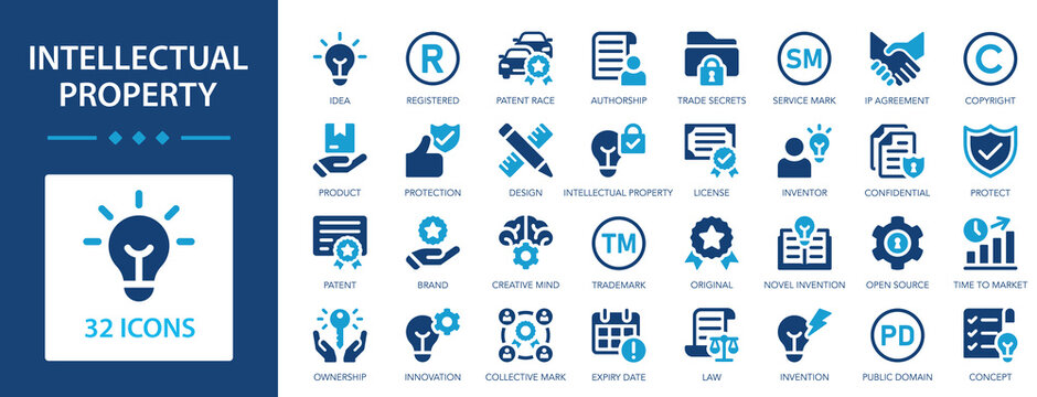 Intellectual property flat icons collection. Property, copyright, brand, trademark, patent, idea, licence, protection, invention sign set.