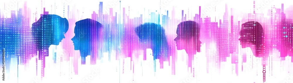 Poster colorful silhouettes of human profiles with digital data elements on a bright background in modern a
