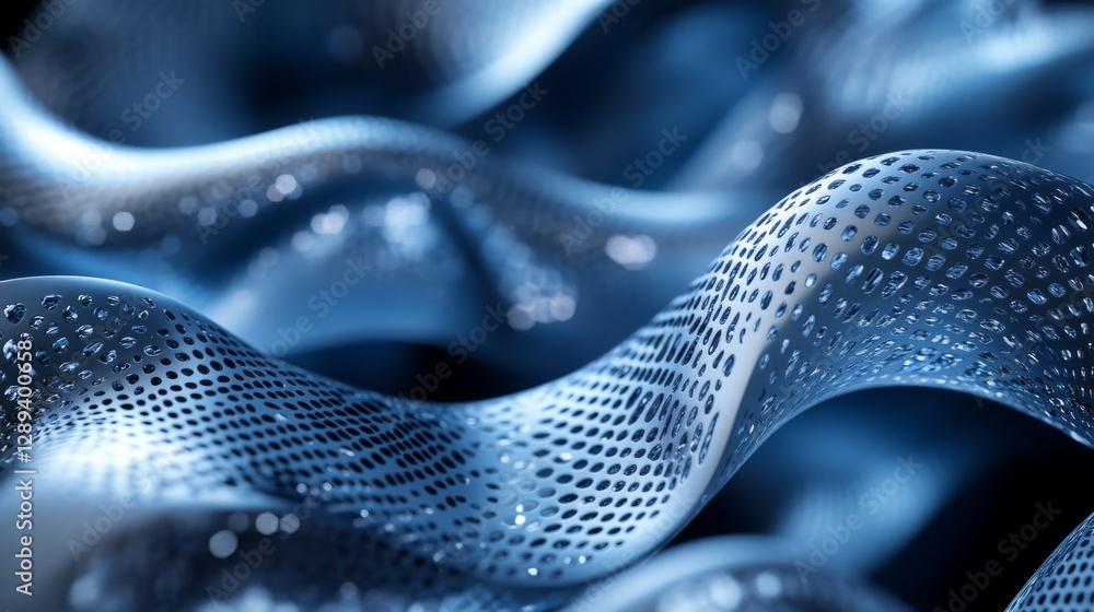 Poster blue perforated material with fluid like shape and glossy effect