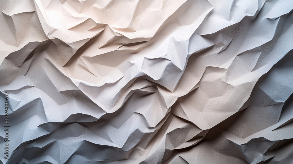 Poster Close-up of crumpled paper texture showcasing a series of soft, wavy folds with a soft light gradient, symbolizing the concept of creativity, design, and abstraction.