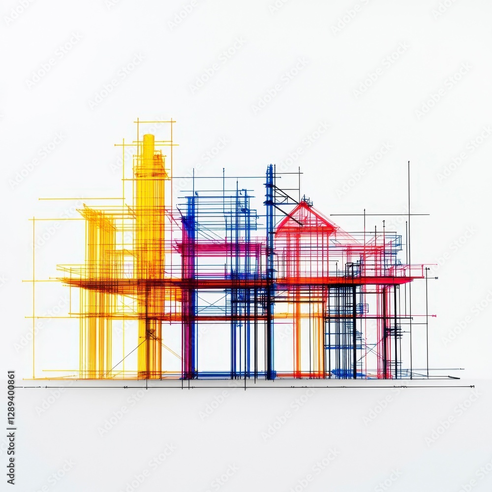 Poster abstract architectural visualization showcasing a multi-layered blueprint structure with vivid color