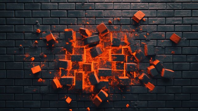 Orange bricks explode from a dark brick wall