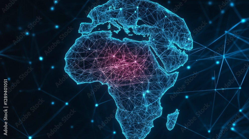 Poster a digitally generated map of africa showcasing a network of glowing connections and vibrant data poi