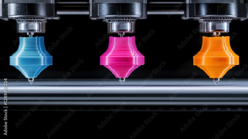 Poster close-up view of three vibrant 3d printing nozzles in action, showcasing intricate designs and color