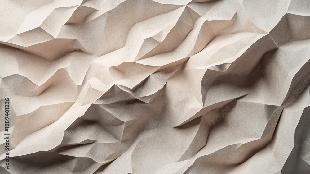Poster close-up of crumpled textured paper with abstract folds and creases, showcasing intricate light and 