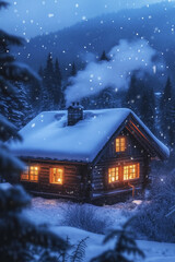 Fototapeta premium A cozy cabin in the mountains, warm glowing lights from the windows, snowfall gently covering the wooden roof, smoke coming from the chimney, winter night