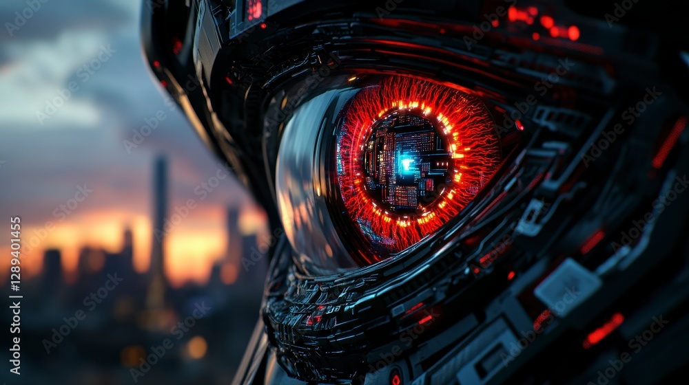 Poster close-up view of a futuristic robotic eye with intricate circuitry and glowing details against a cit