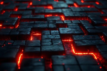 Obraz premium Abstract close-up of glowing lava flowing between dark stone blocks.