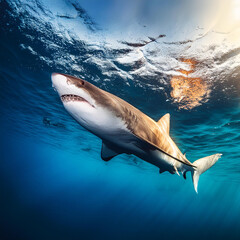 Naklejka premium Enorme squalo nuota nelle acque dell'oceano