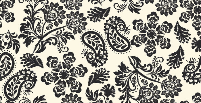 Ikat floral paisley embroidery seamless pattern on background. Ikat ethnic flower oriental pattern traditional. Aztec style abstract vector illustration. design for ikat floral fashion fabric,clothing