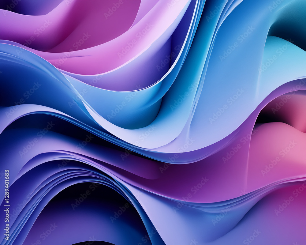 Poster abstract image of smooth, flowing waves of blue and purple gradient curves, showcasing vibrant color