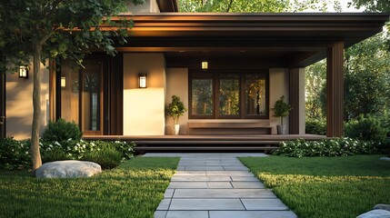 Fototapeta premium Front porch and entrance to new home Nice contrast brown house and green grass House