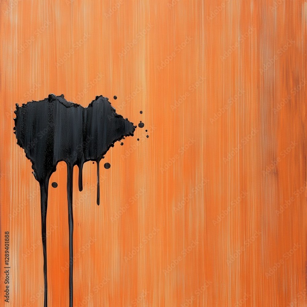 Poster abstract art composition featuring an orange background with black paint drips creating a unique vis