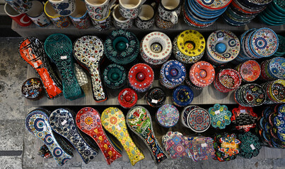 Hand painted traditional colorful Turkish ceramic souvenirs at a market in Istanbul, Turkey