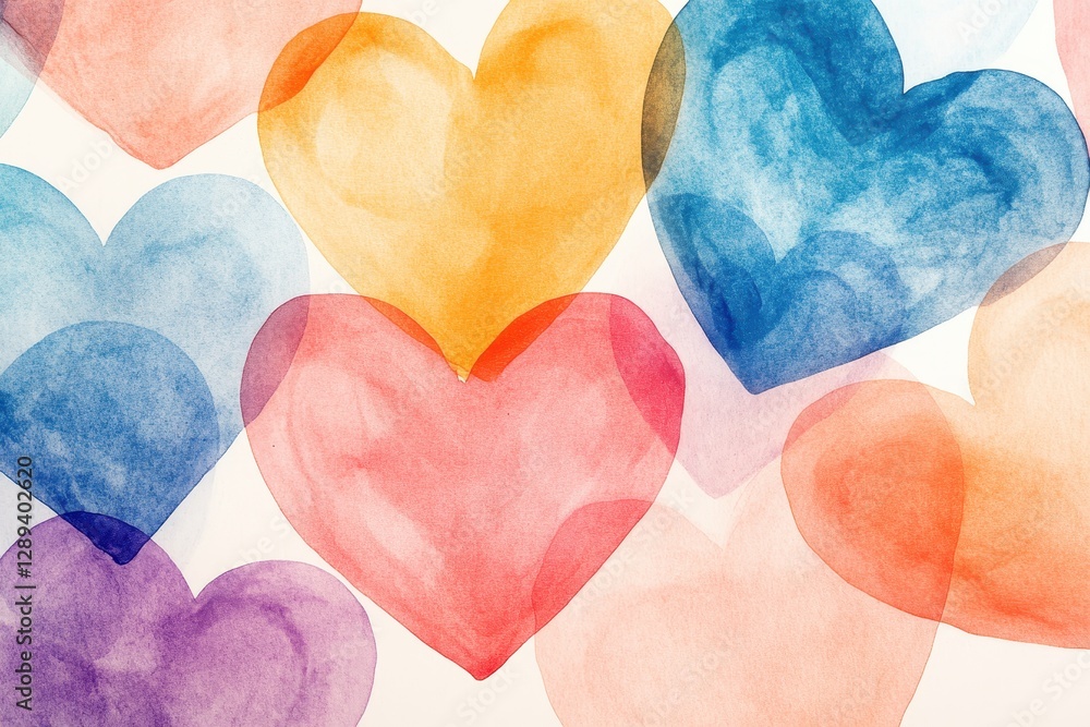Poster colorful watercolor hearts displayed on a white background create a vibrant and cheerful atmosphere,