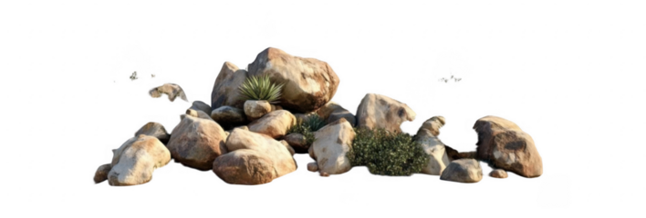 Set of massive boulders in a dry desert landscape, cut out
