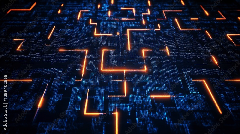 Poster intricate digital maze illuminated by vibrant orange lines in a high-tech environment, showcasing co