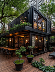 Fototapeta premium Stylish Black Shipping Container Home with Bonsai and Outdoor Lounge