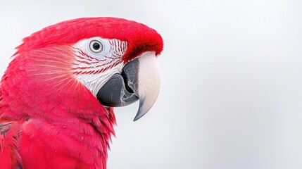 Fototapeta premium Red macaw parrot looks sideways in a close-up profile portrait against a clean white studio background.