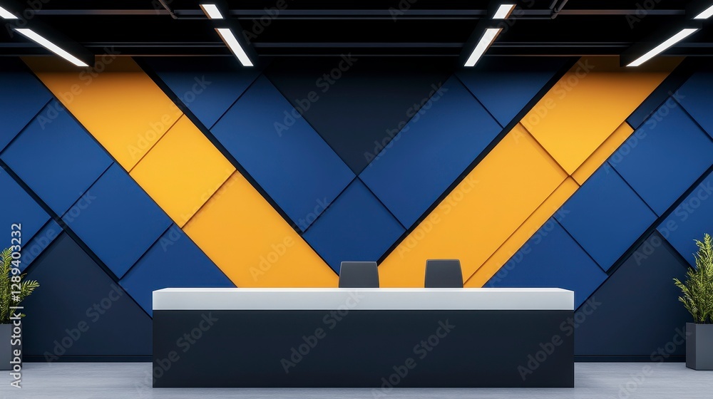 Poster modern office reception area featuring a sleek design with geometric patterns and vibrant colors in 