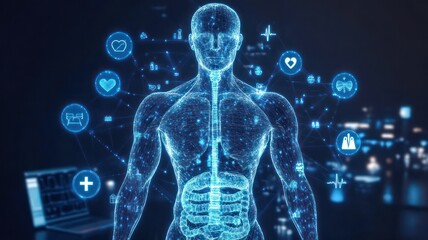 Model of a human body with blue glowing healthcare icons around created with Generative AI
