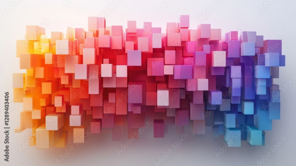 Poster floating colored cubes form an abstract architectural structure in digital design