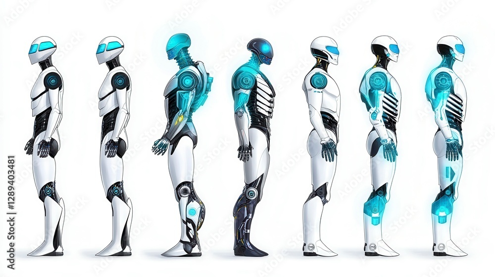 Poster futuristic robots in various poses showcasing advanced technology and design elements, emphasizing h