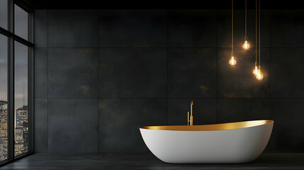 Luxurious modern bathtub, city view, evening