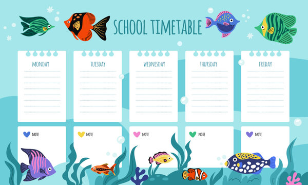 Marine kids schedule. Exotic fish weekly planner. School timetable. Tropical sea animals. Ocean theme notebook. Class list. Underwater goldfish. Lesson organizer. Garish vector concept - Powered by Adobe