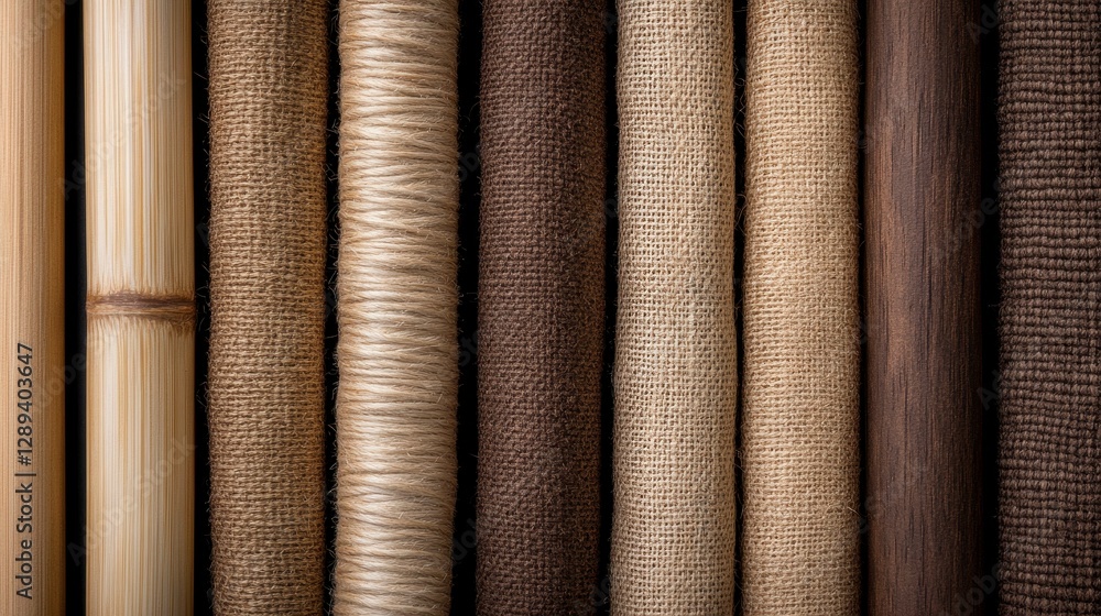 Poster a visually striking assortment of textured fabrics and natural materials arranged in a harmonious pa