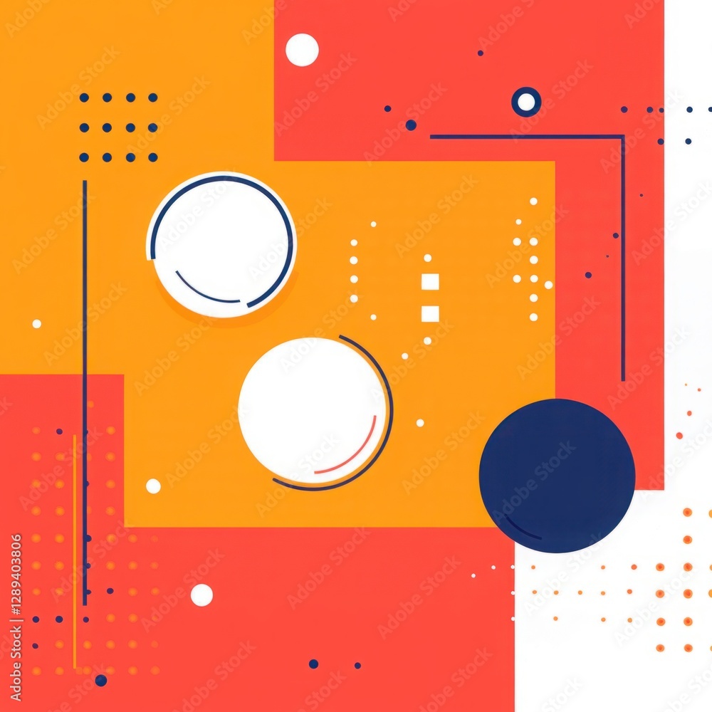 Poster abstract geometric shapes in bold colors featuring circular and square elements on a bright orange b