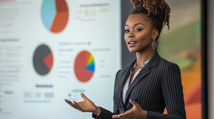 A confident Black woman in a tailored suit presenting a business proposal on a large screen