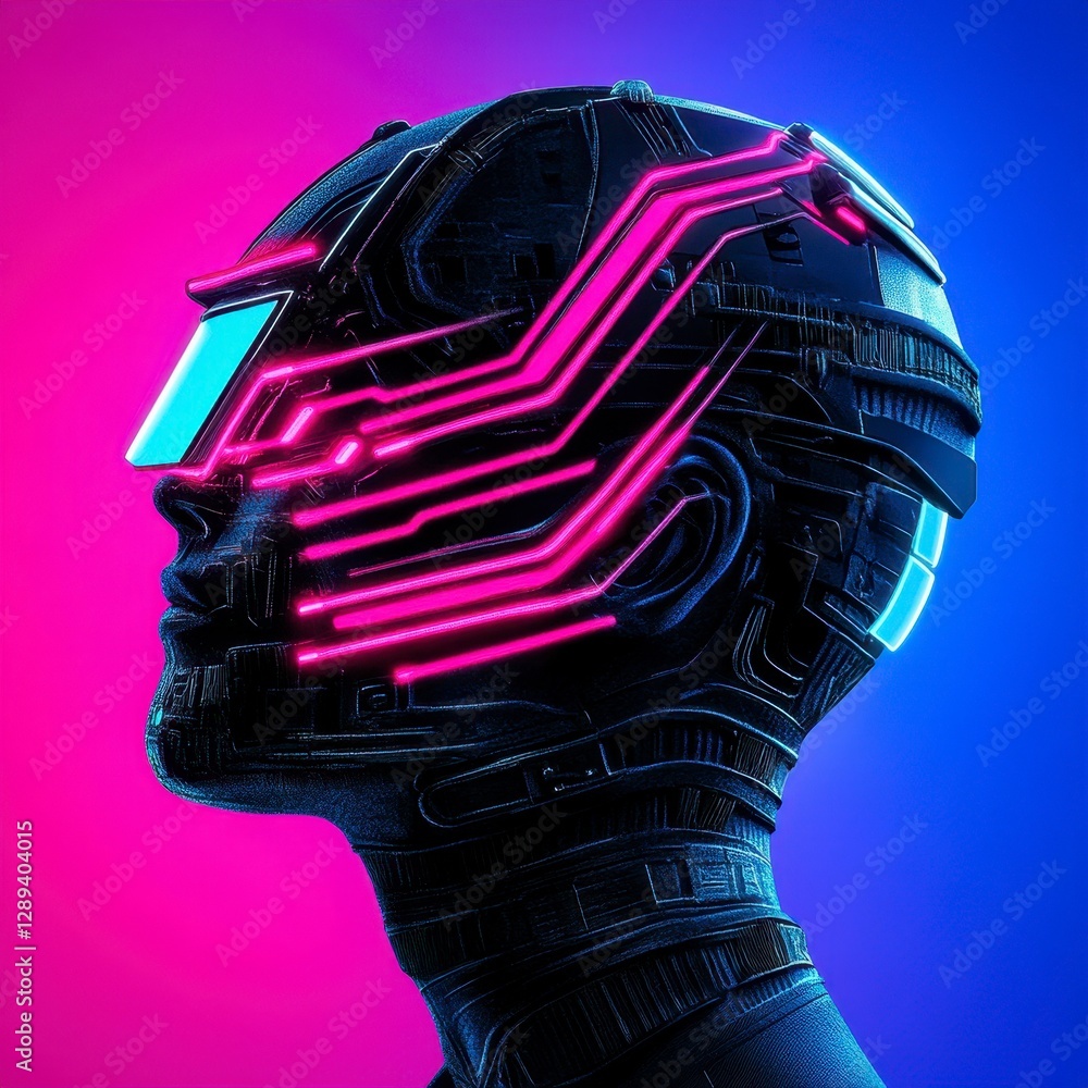Poster futuristic humanoid head with neon circuitry against a vibrant gradient background representing tech