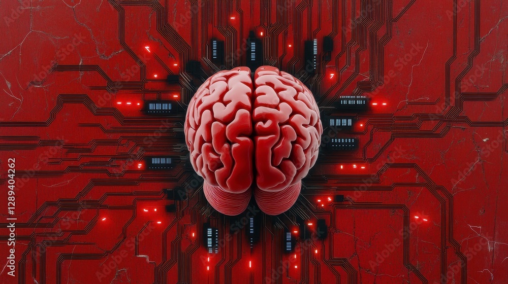 Poster a conceptual image blending technology and human intellect, featuring a brain amidst circuit board e