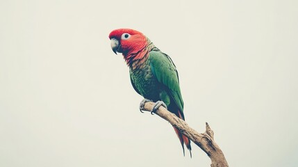 Obraz premium Small, vibrant green and red parrot with a crest perched on a branch against a white background.
