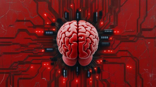 A conceptual image blending technology and human intellect, featuring a brain amidst circuit board elements and glowing lights