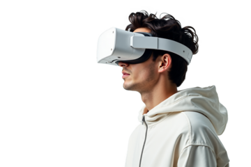 Pensive young man in VR headset, futuristic technology concept. Clean studio shot, isolated on white background for versatile use in tech, gaming, metaverse designs.