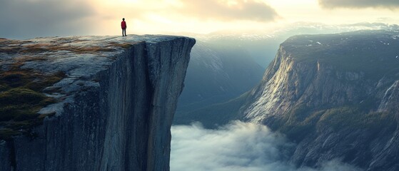 A lone figure stands on a dramatic cliff edge, overlooking a vast, misty valley and distant mountains, capturing a moment of awe and exploration.
