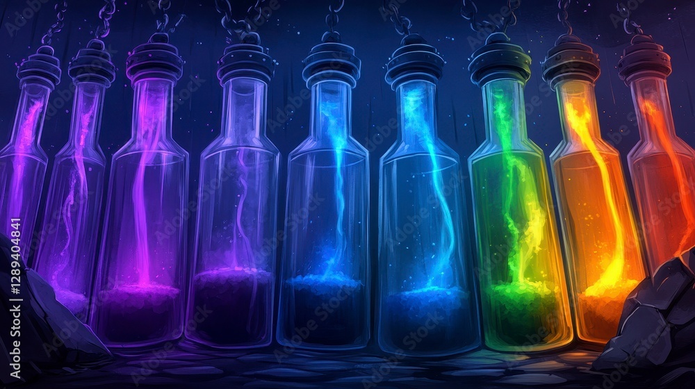 Poster colorful potion bottles illuminated in a mystical setting with swirling liquids creating an enchanti