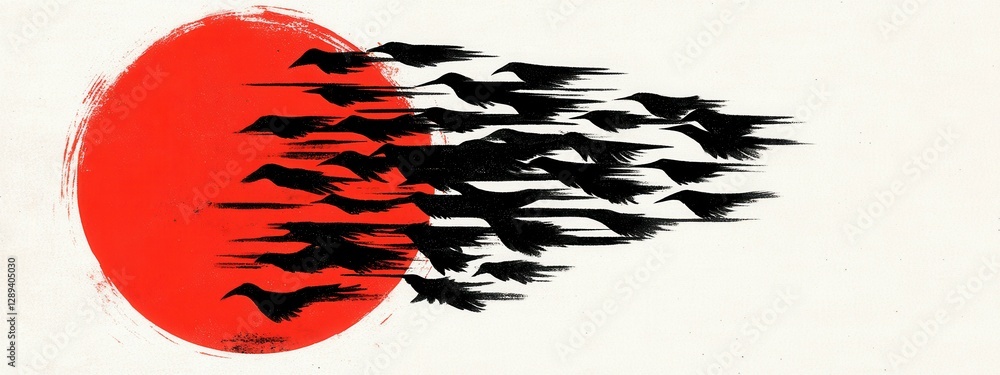 Poster abstract representation of a flock of birds emerging from a red circle against a minimalist backgrou