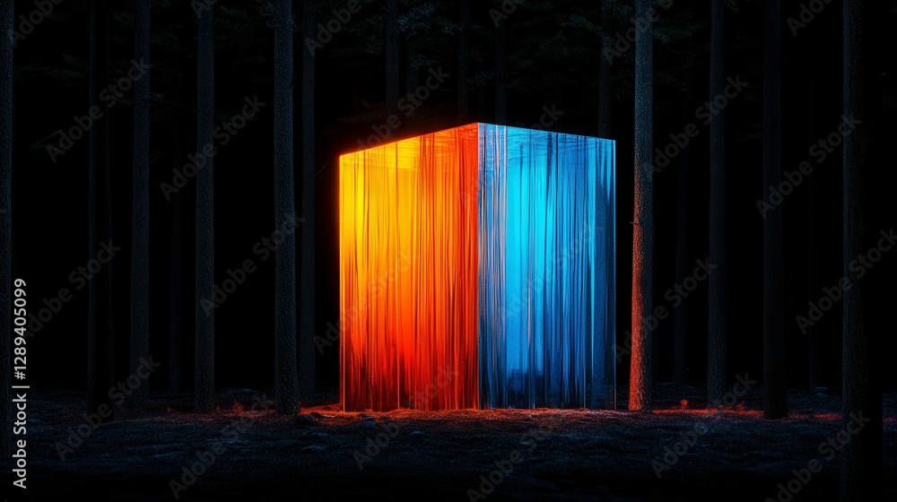 Poster illuminated cube in a dark forest with vibrant blue and orange light creating a surreal contrast and