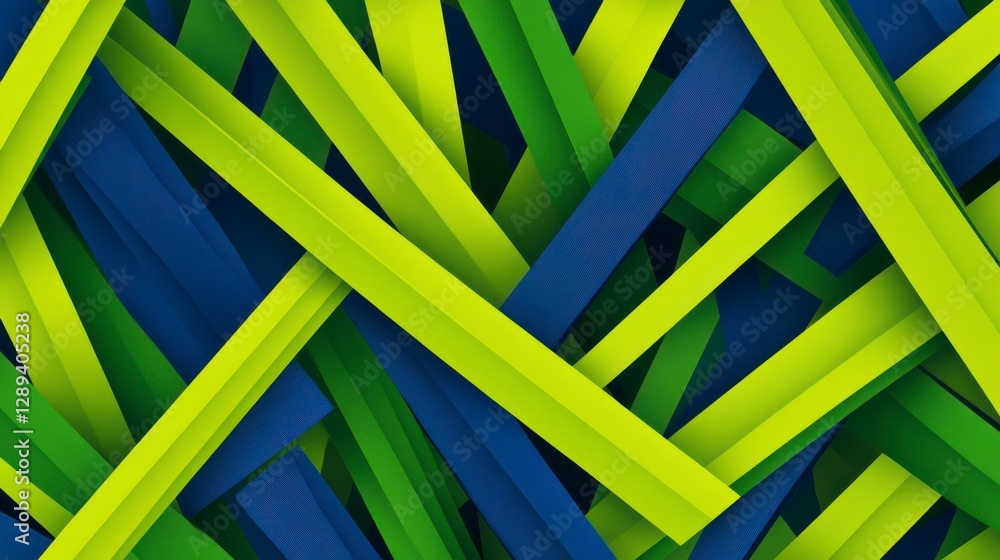 Poster vibrant abstract pattern with intertwined green and blue ribbons creating a dynamic visual interplay