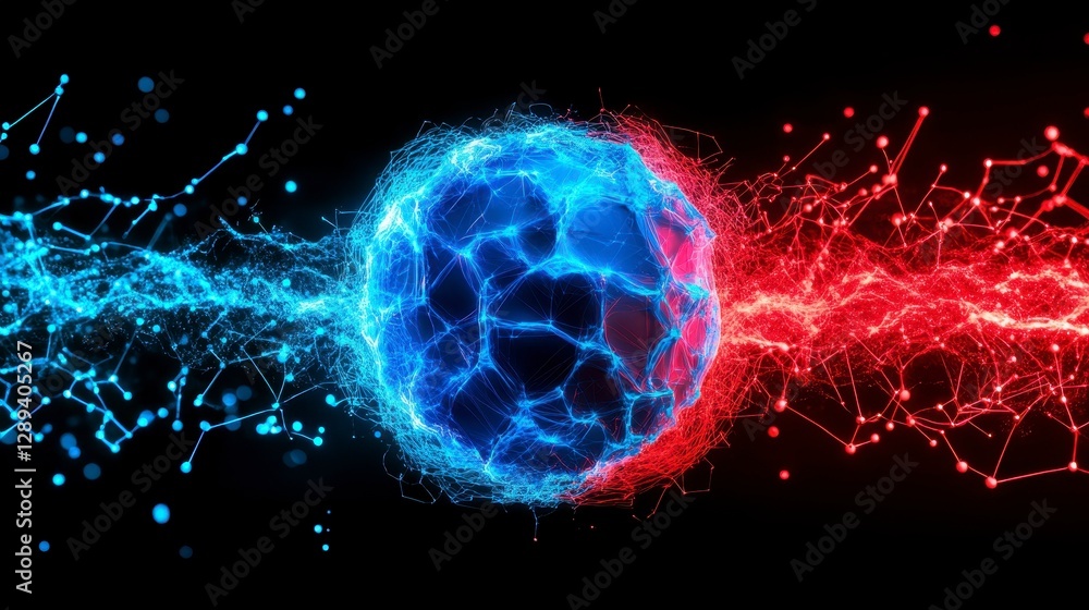 Poster abstract representation of a sphere evolving in blue and red energy streams, showcasing the collisio