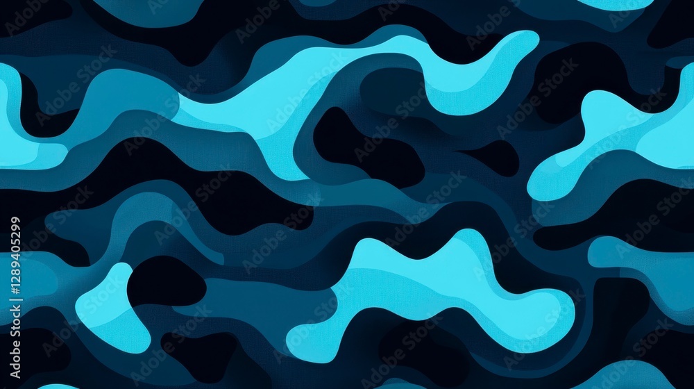 Poster intricate patterns of blue and teal abstract shapes creating a dynamic, fluid camo design for modern