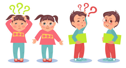 Boy and girl see poorly without glasses and well with eyeglasses. Eyes sight correction. Poor eyesight. Question marks. Vision check. Pick up spectacles. Oculist test. Vector concept