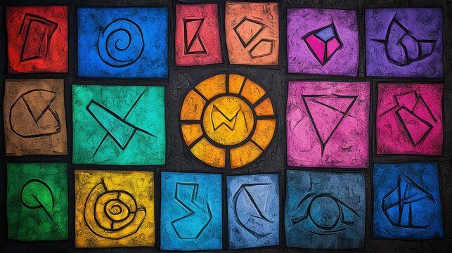 Colorful geometric symbols arranged in a vibrant mosaic design featuring abstract shapes and a central sun emblem